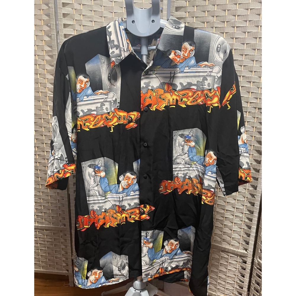 Up Rock Mens XL DJ Graffiti All Over Print Button Down Shirt Short Sleeve Black